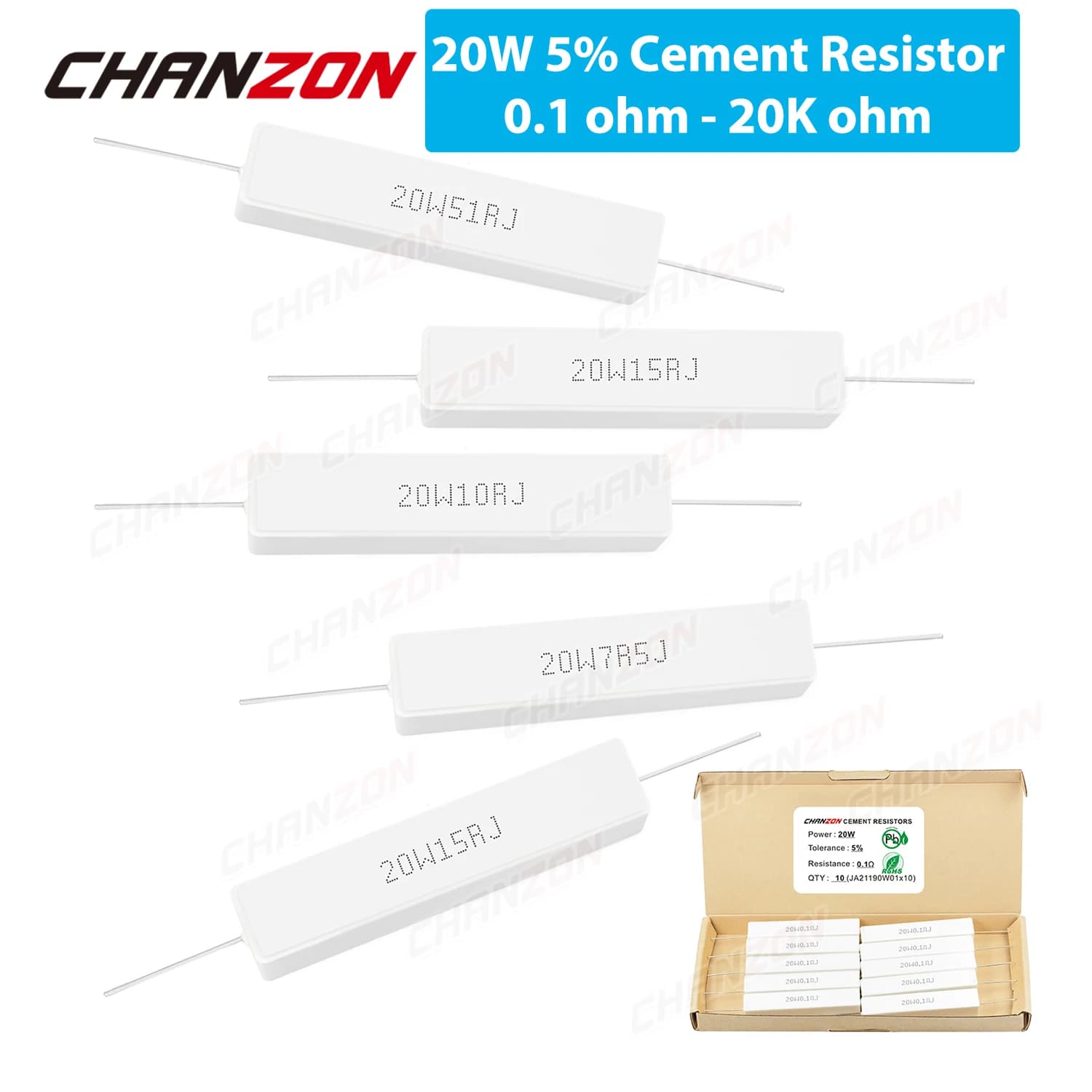 Resistori a filo avvolto in cemento 10 pezzi 20W 5% 0,1 - 20K Ohm 20Watt Resistenza ceramica a filo fisso induttivo 0,33 1 2,5 10 15 2R2