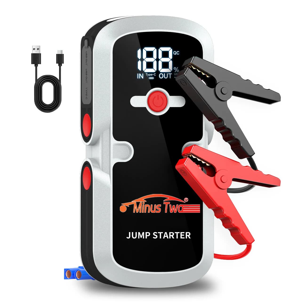 Avviatore d'emergenza super veloce per auto, booster per tutti i motori a benzina e diesel, power bank compatto con ricarica rapida USB e torcia LED.