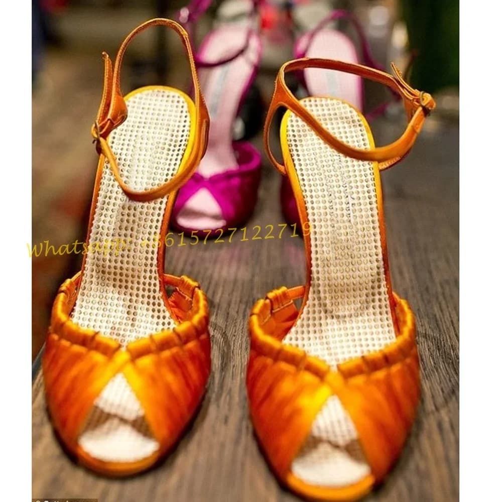 Sandali incrociati in tessuto arancione con tacco donna marca Peep Toe tacchi alti banchetto sandalo da festa donna 2022 estate dolce scarpe eleganti