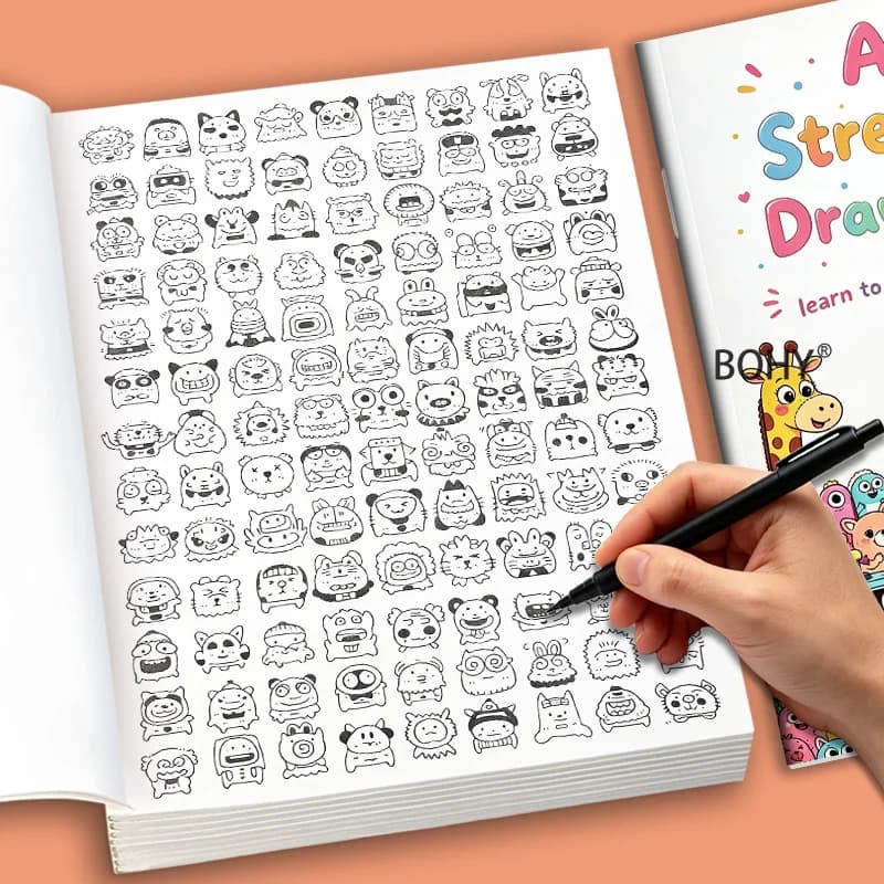1 Mini Pattern Sketchbook 32 Pages of Themed Sketches Such As Fun Animals/robots/playful Ducklings, Adult Decompression Coloring