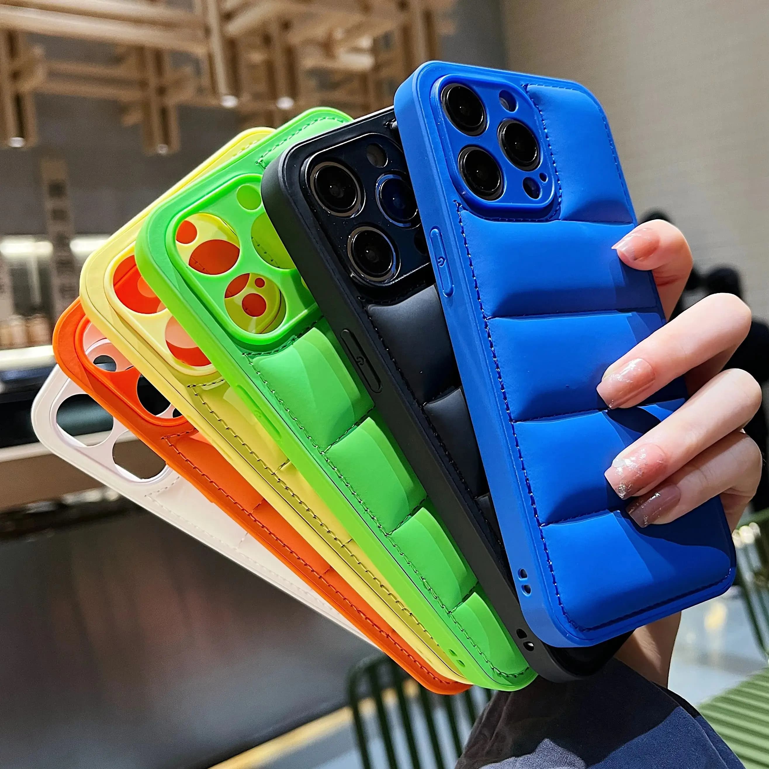 Silicone Phone Case with Solid Color Down Jacket for iPhone 16 15 14 13 12 11 Pro Max Plus Full Camera Protection Soft Cover