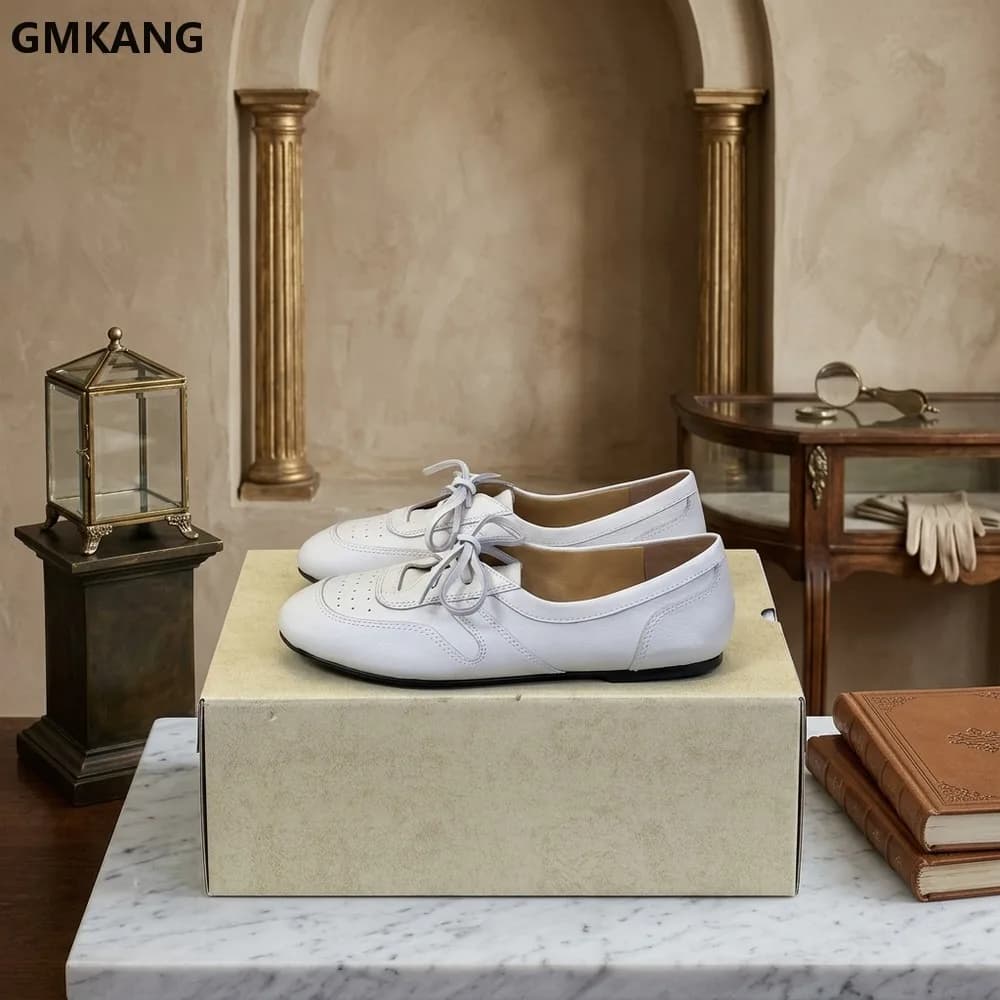 Spring Autumn Women Loafers Round Toe Genuine Leather Lace Up Flat Shoes Comfort Daily Leisure Commute Walking Shoe