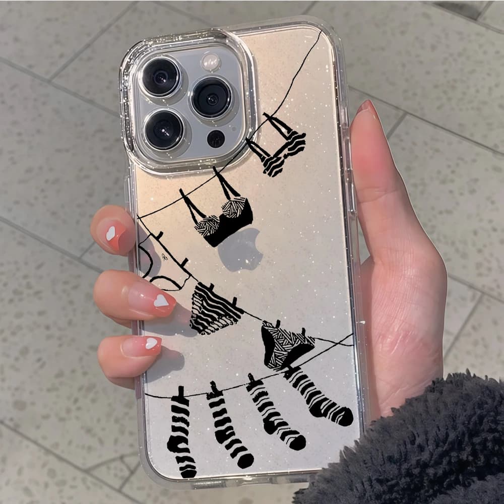 Funny Laundry Line Glitter Clear Phone Case For iphone 17 Air 14 15 16 11 12 13 Pro Max 16E 17E 14 Plus 15 16 Pro XR XS X Cover