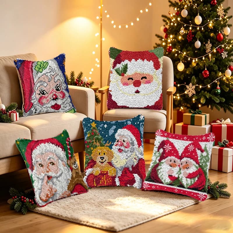 Christmas Series Santa Claus Latch Hook Pillow Kit Cross Stitch Smyrna Buttons Knot Cushion Package Needle Arts Decoration