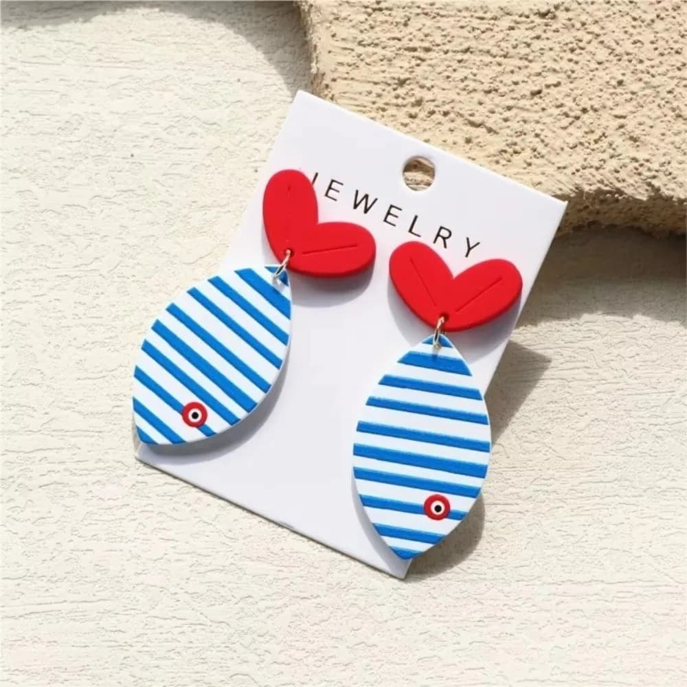 Nice blue earrings with acrylic pin for beach holidays, design earrings, accessories, striped print, fish tail, jewelry for parties, gifts for women