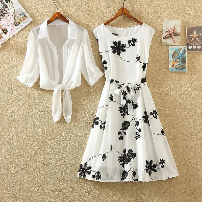 New Retro Printed Black Dress High Waist Sleeveless Slim A-Line Skirt Two-Piece Women's Clothing Set Summer 2025 Cleanfit Style