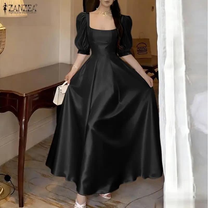 ZANZEA Abito da festa elegante e alla moda da donna, linea ad A, scollo quadrato, maniche corte a sbuffo, vestito estivo con inserti in rete, abito a vita 2026