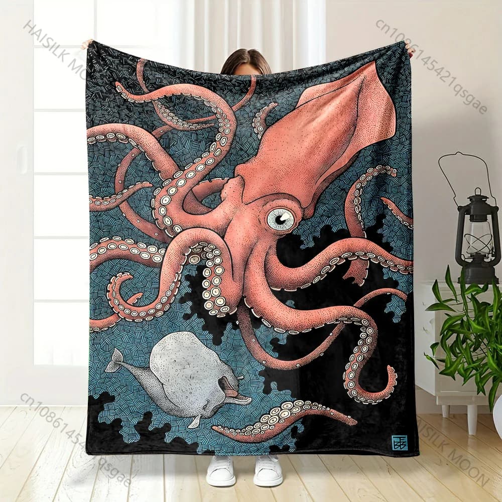 Coperta con stampa di calamaro gigante e balena in diverse misure, calda e morbida, adatta a tutte le stagioni, per casa, divano, viaggi, campeggio, picnic, camper