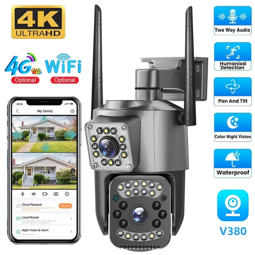 Telecamera di sicurezza Wifi 4G 4MP Dual Lens PTZ CCTV Visione notturna Rilevazione movimento Webcam Allarme domestico Telecamera IP wireless 360 V380 Pro