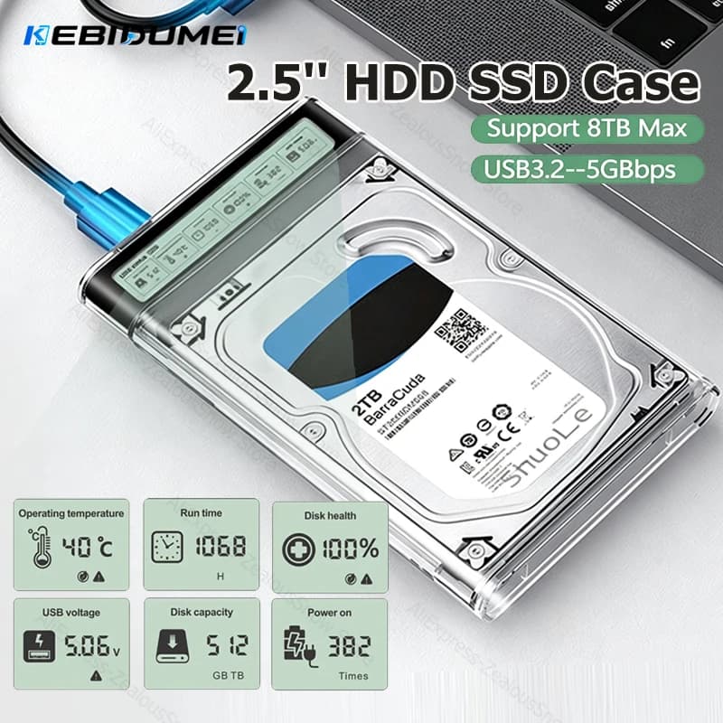 KEBIDUMEI Smart Display 2.5'' HDD SSD Case Clear External HDD Enclosure 5Gbps USB3.2 Gen2 Hard Drive Portable Storage Box for PC
