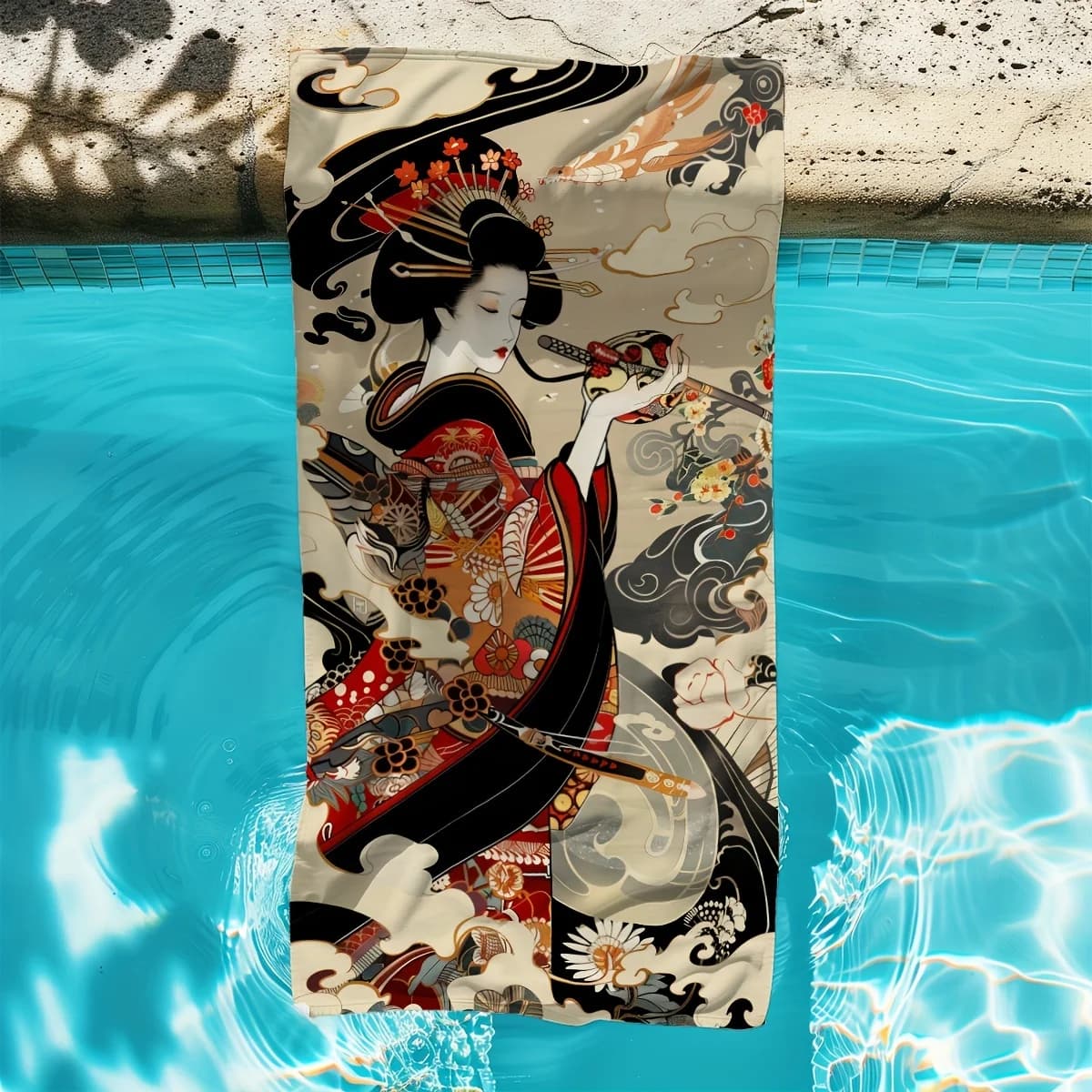 Asciugamano da Spiaggia con Arte Geisha Giapponese, Stampa Piatta in Stile Tradizionale Ukiyo-e, per Viaggi, Piscina e Decorazioni Esterne