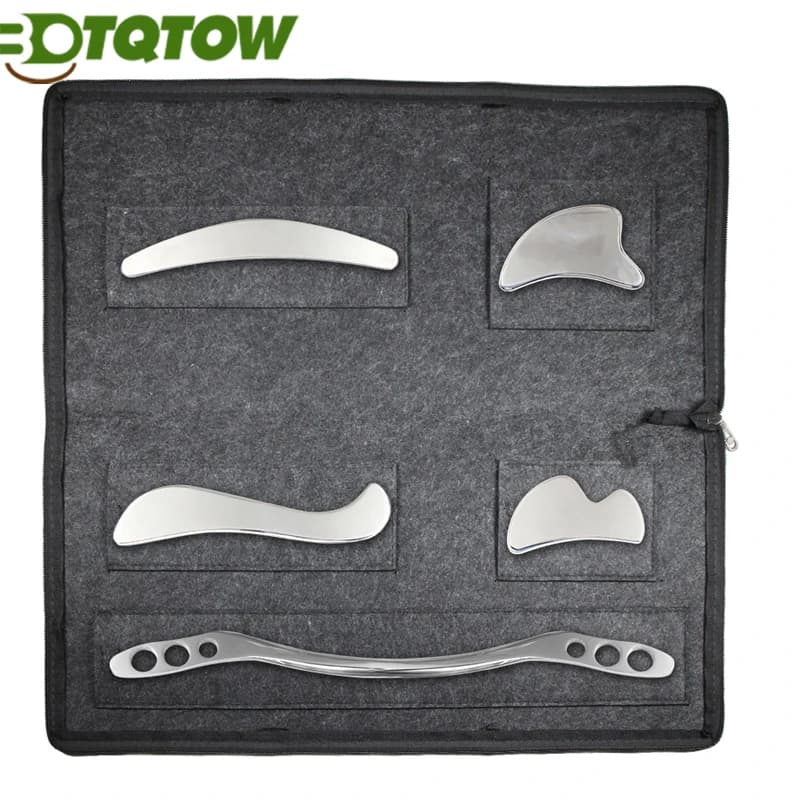 Set di strumenti per massaggio raschiante Gua Sha in acciaio inossidabile da 5 pezzi - Set di strumenti IASTM - Grande strumento per la mobilizzazione dei tessuti molli Terapia fisica