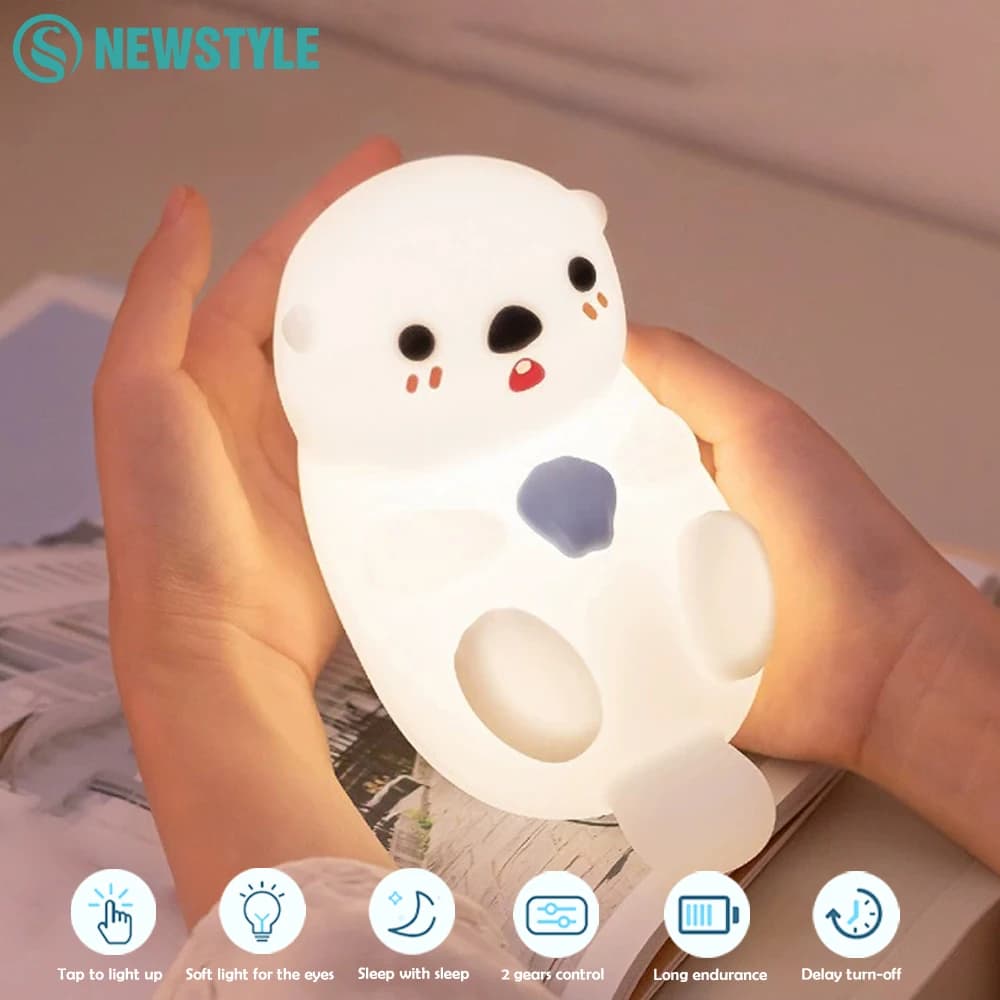 Cute Sea Otter Silicone Night Light Rechargeable LED Bedside Lamp with Touch Sensor 2 Modes Dimmable Brightness For Room Decor