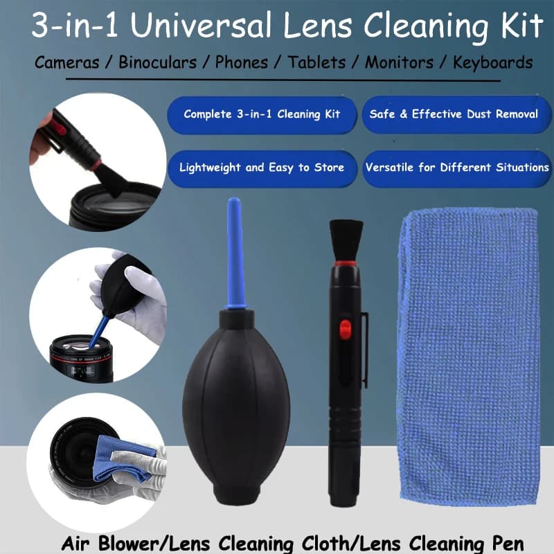 Kit di pulizia per lenti 3 in 1 Set di panni per pulizia, penna per lenti, ventilatore d'aria per fotocamera DSLR, binoculare, tastiera, telefono, telescopio, oculare