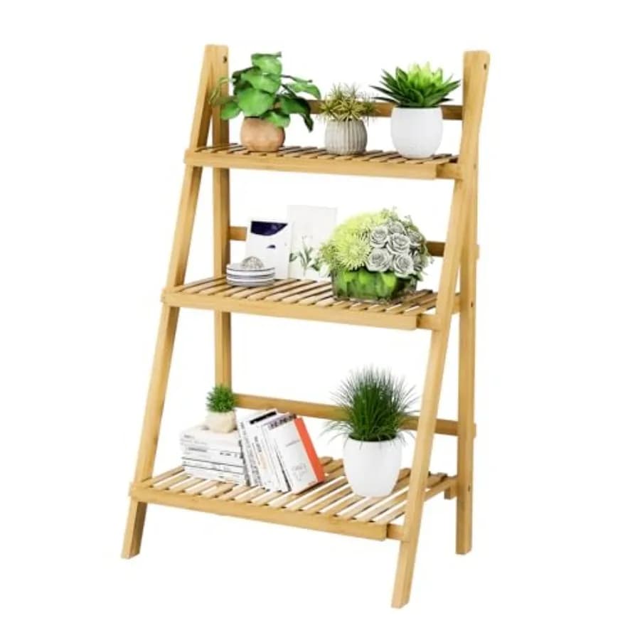 Foldable Ladder Shelf 39.4, Plant Shelf 3 Tier, Bamboo Ladder Flower Pot Display Shelf, Freestanding Ladder Bookshelf for Livin