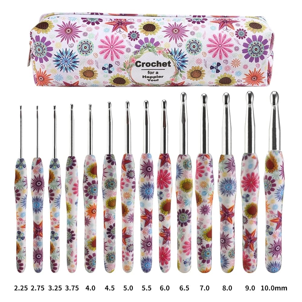 14 pezzi kit di uncinetti girasole set di ferri da maglia ergonomici in alluminio con borsa design fiore di anacardi 2.25-10.0MM