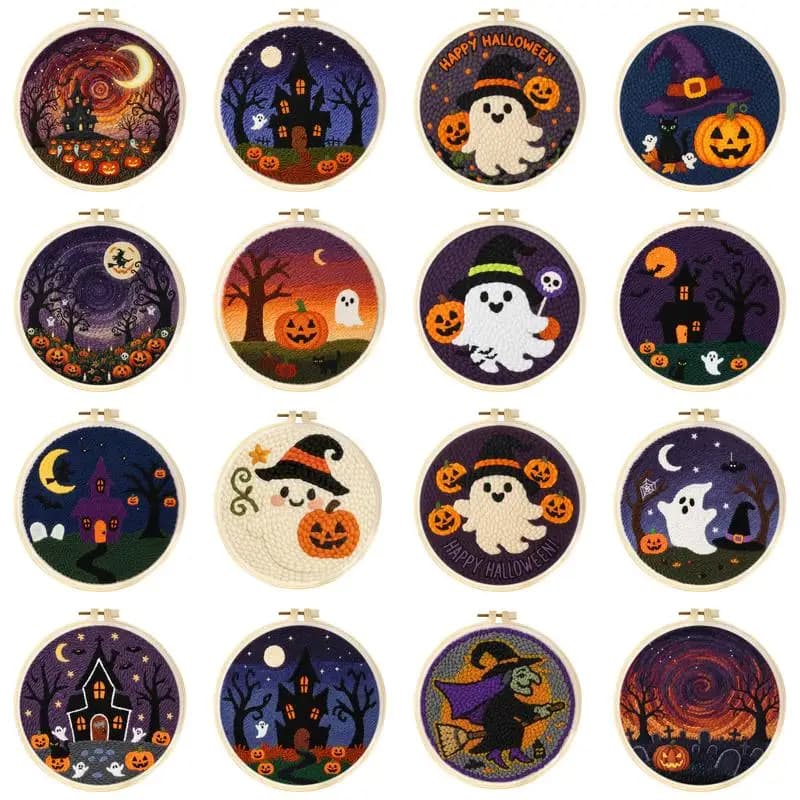 Punch Needle Embroidery Kit with Hoop DIY Sewing Craft Embroidery Set for Beginners Halloween Ghost Pumpkin Home Decor Gift