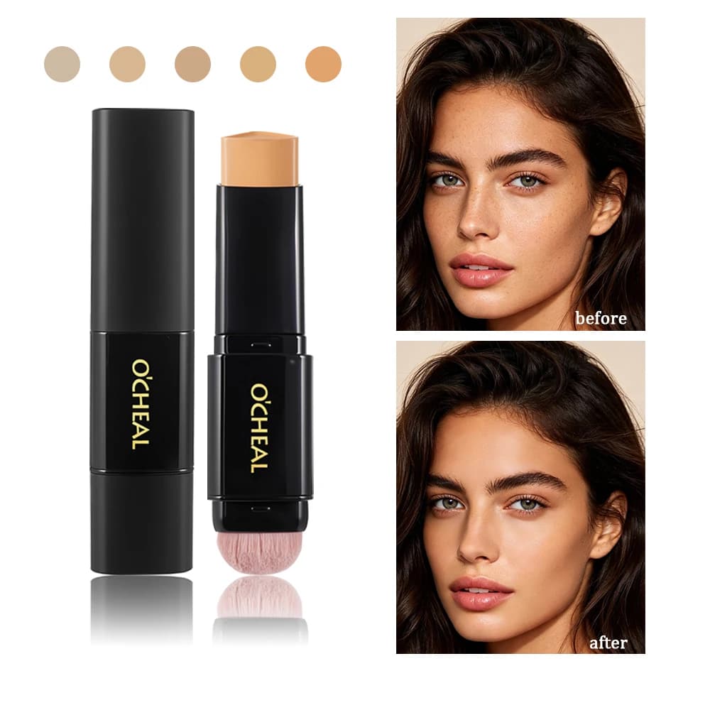 Two Headed Foundation Stick with Makeup Brush, Hydrating High Coverage Cream Foundation, Long Lasting Breathable Concealer Stick