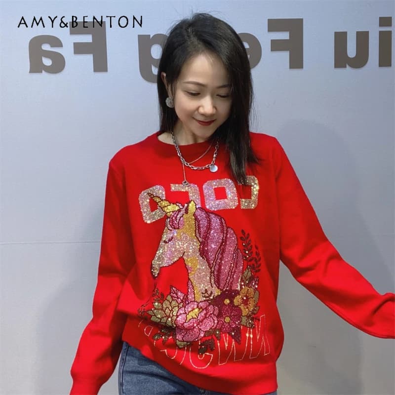 Maglione Pullover Rosso con Collo Tondo per l'Atmosfera di Capodanno, Giacca Lavorata a Maglia con Design Y2k e Strass per Donna