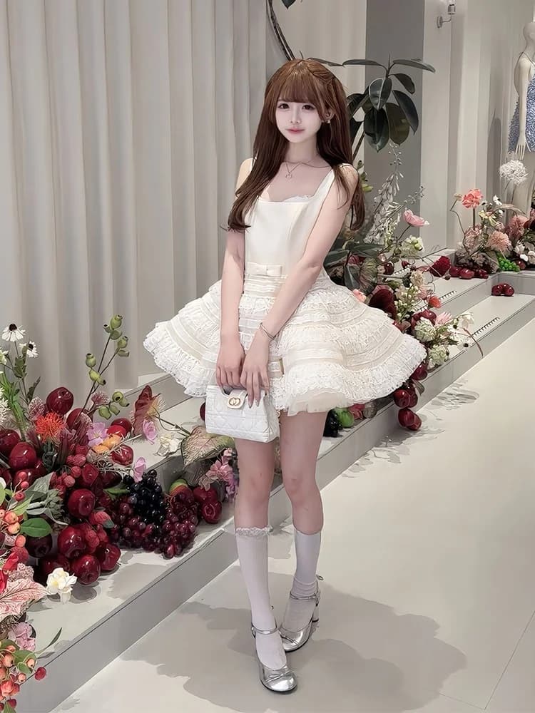 Abito da compleanno stile principessa da donna, dolce, senza spalline, gonna a ballo, con ricche decorazioni, vita aderente, gonna corta a strati