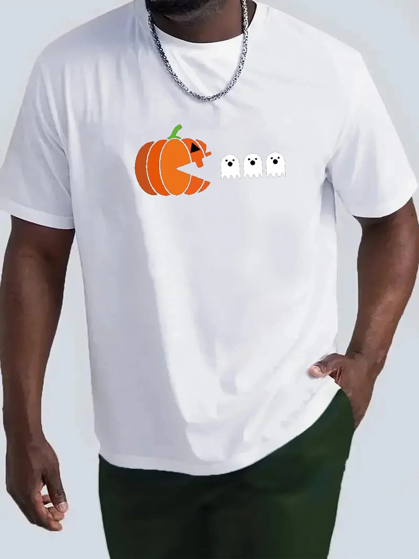 Halloween Pumpkin Ghost Pattern Print T-shirt comoda ed elegante da uomo T-shirt grafica Abbigliamento estivo da uomo Abbigliamento da uomo