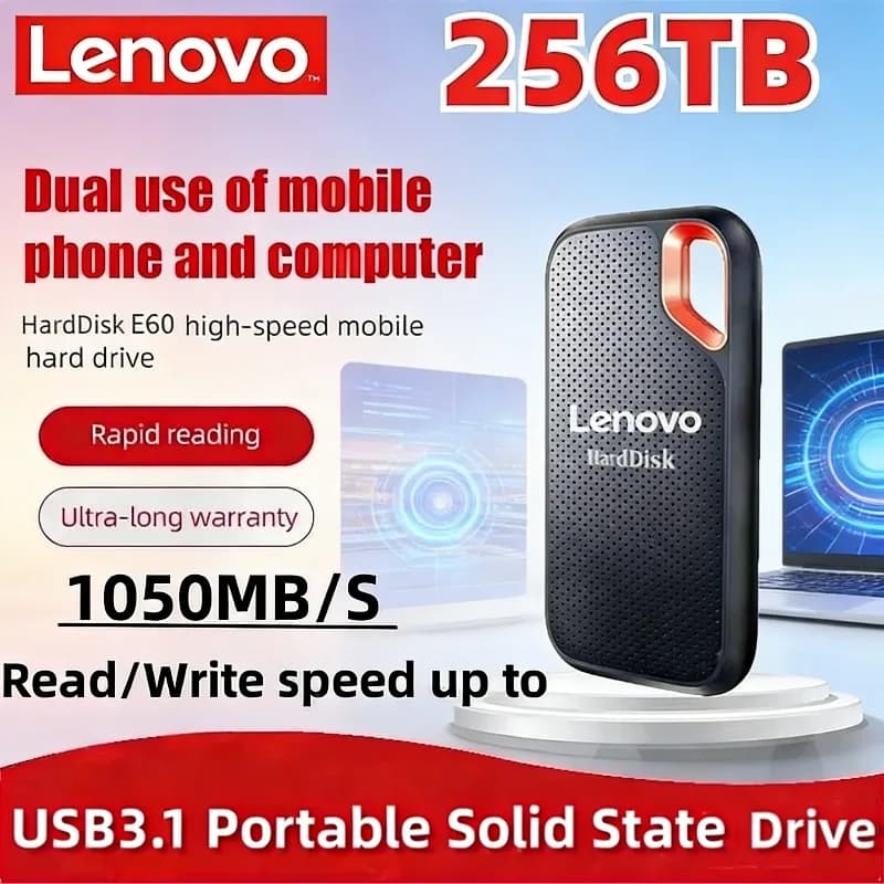 Disco Rigido Esterno Lenovo E60 USB 3.1 da 1TB, 2TB, 256TB, SSD Mobile per Laptop, PS5, Archiviazione HDD Portatile