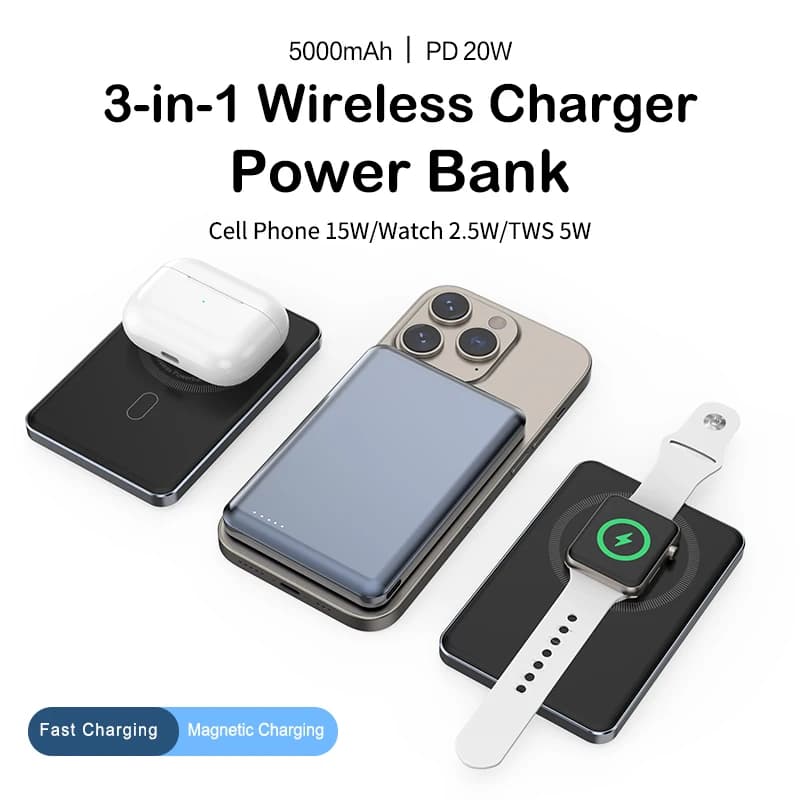 Caricabatterie wireless 3in 1 Power bank mobile magnetico Adatto per power bank wireless per telefoni Apple orologi cuffie P5