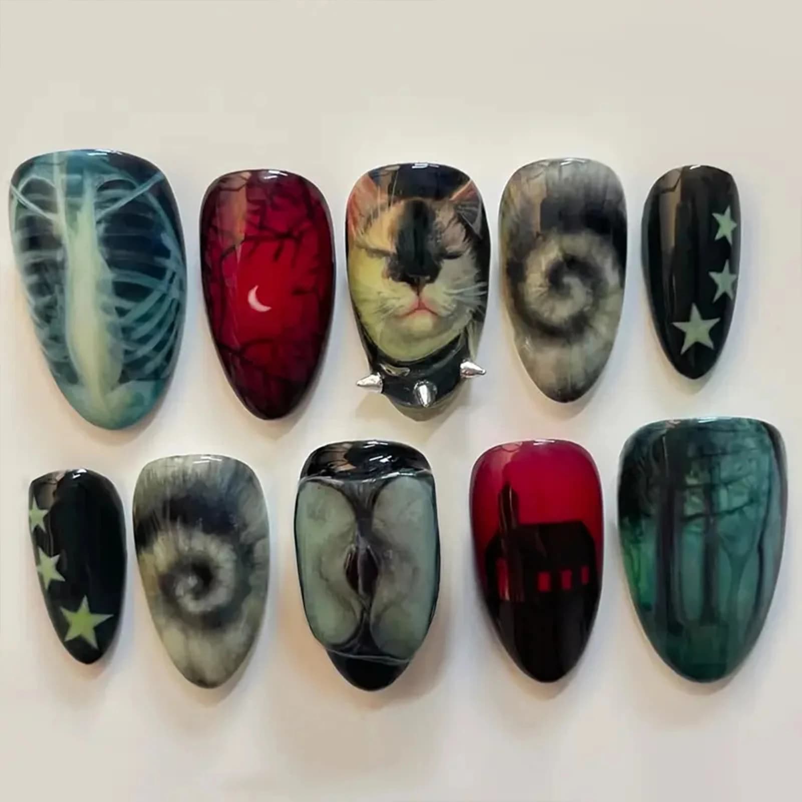 10 pezzi di unghie finte fatte a mano in stile nero scuro Y2k Star Horor Foreat Designs Press On Nails Halloween Indossabile Mandorla Unghie finte