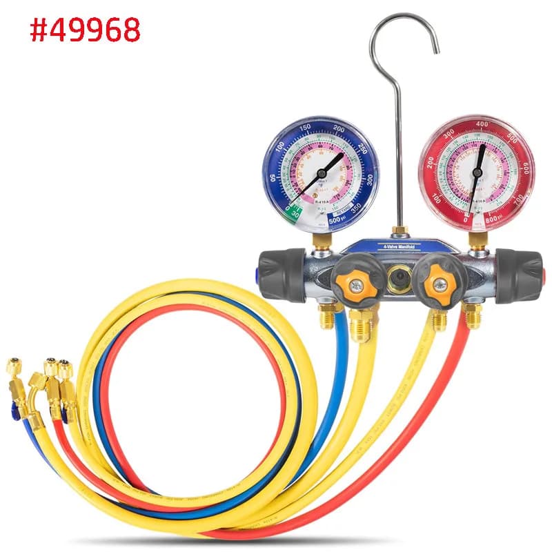 49968 collettore di ricarica e Test A 4 valvole, Set di strumenti per manometro collettore A/C, per refrigerante tipo R-22, R-404A, R-410A