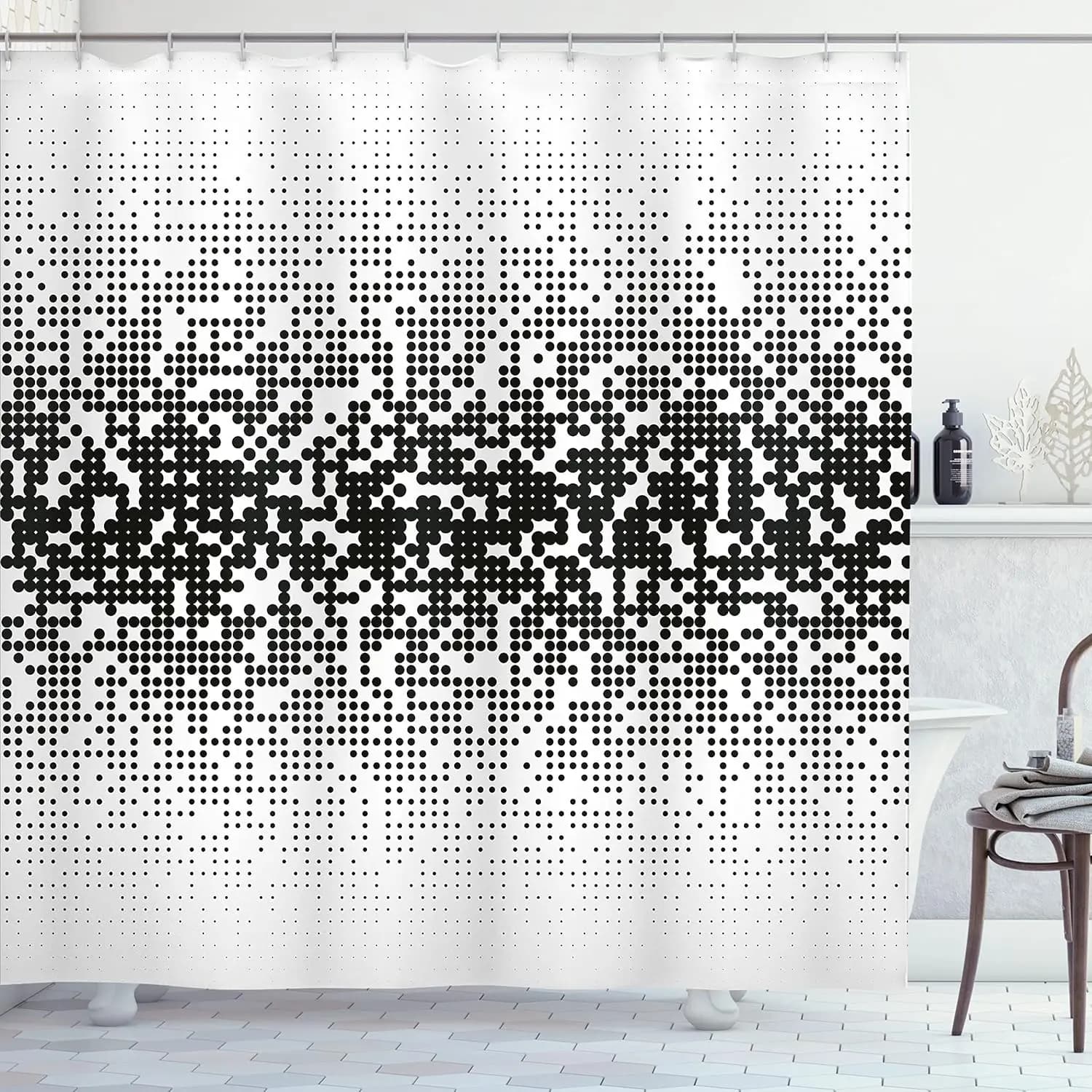 Tenda da doccia con motivo a pois bianchi e neri, design astratto, decorazione moderna, in lino, 180x230