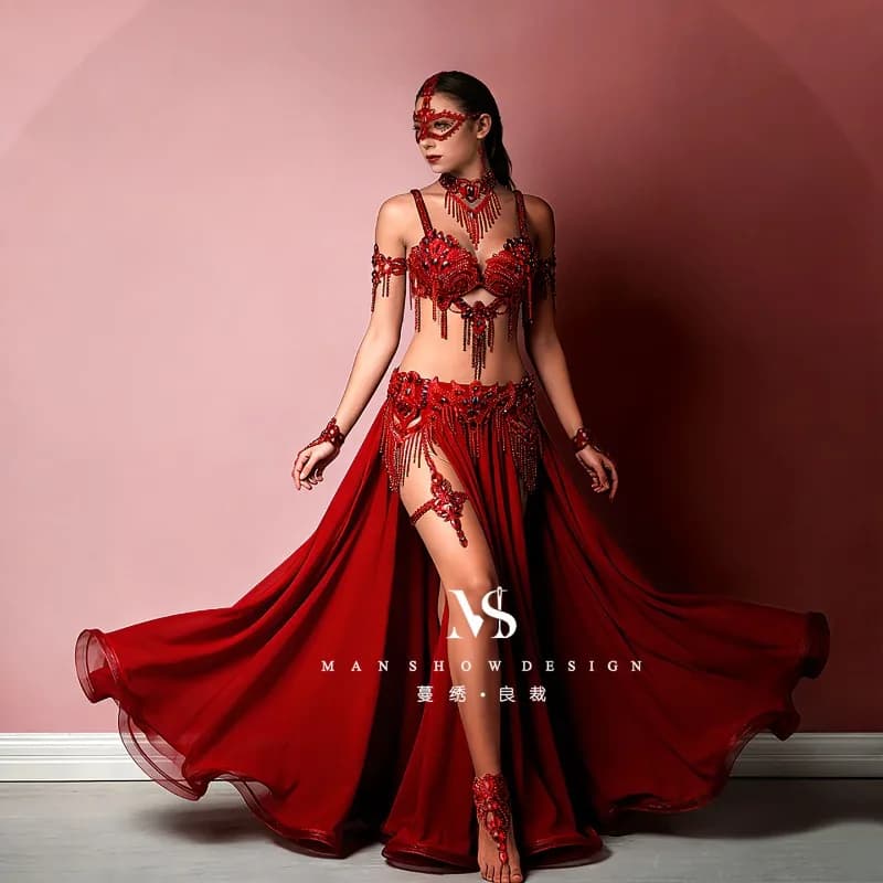 Custom Costume for Ventre Dance Exhibitions, Sexy Women's Set Red Wine with Rhinestones, Nappe, Waist and Skirt