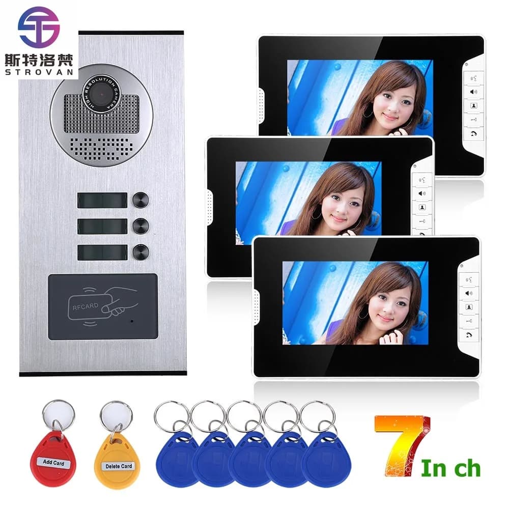 Videocitofono da 7 pollici per 3 appartamenti/famiglie, citofono RFID IR-CUT HD 1000TVL con 3 pulsanti 3 s