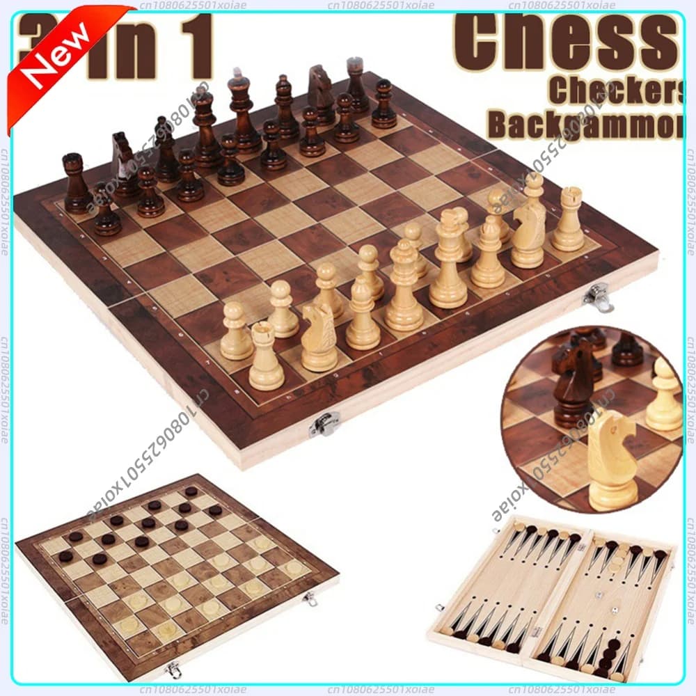 3 in 1 Chess Board Sets Folding Storage Wooden Exquisite Chess Set Chess and Checkers Game Set for Chess Board Game