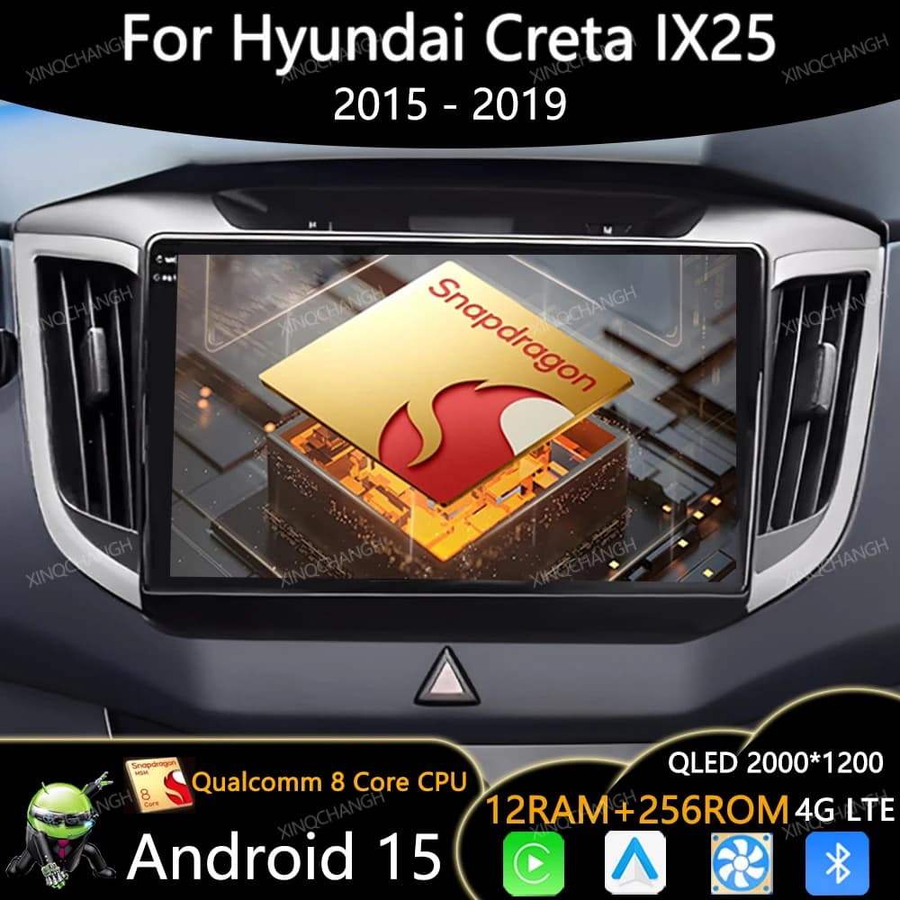 Android 15 Car Radio For Hyundai Creta IX25 2015 - 2019 Multimedia Stereo Video Player QLED Head Unit Qualcomm 4G LTE 5G WIFI BT
