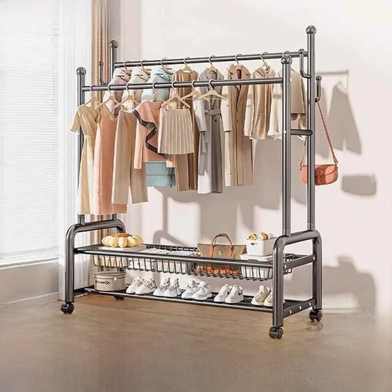 Mobile hanger with Wheels for Interior, Bedroom, Balcony - Twin-Steel Dryer with Storage Function