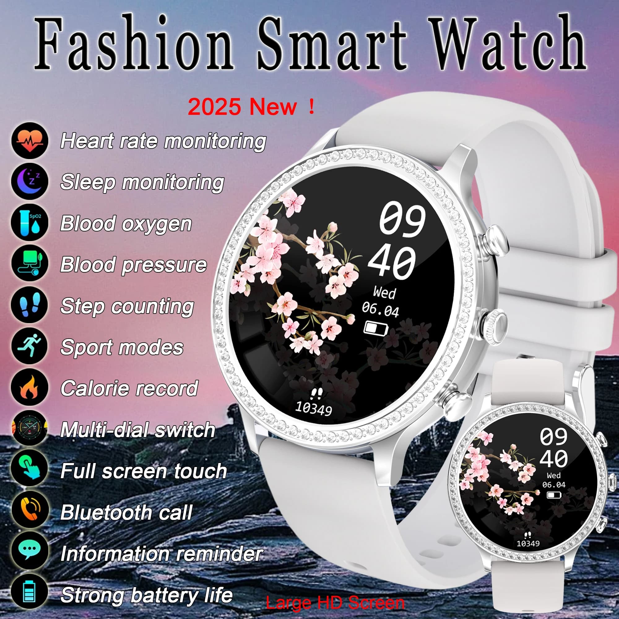 SmartWatch Donna Chiamata Bluetooth Orologi intelligenti Orologi con schermo grande HD Modalità multi-sport Monitoraggio della frequenza cardiaca Forte durata della batteria