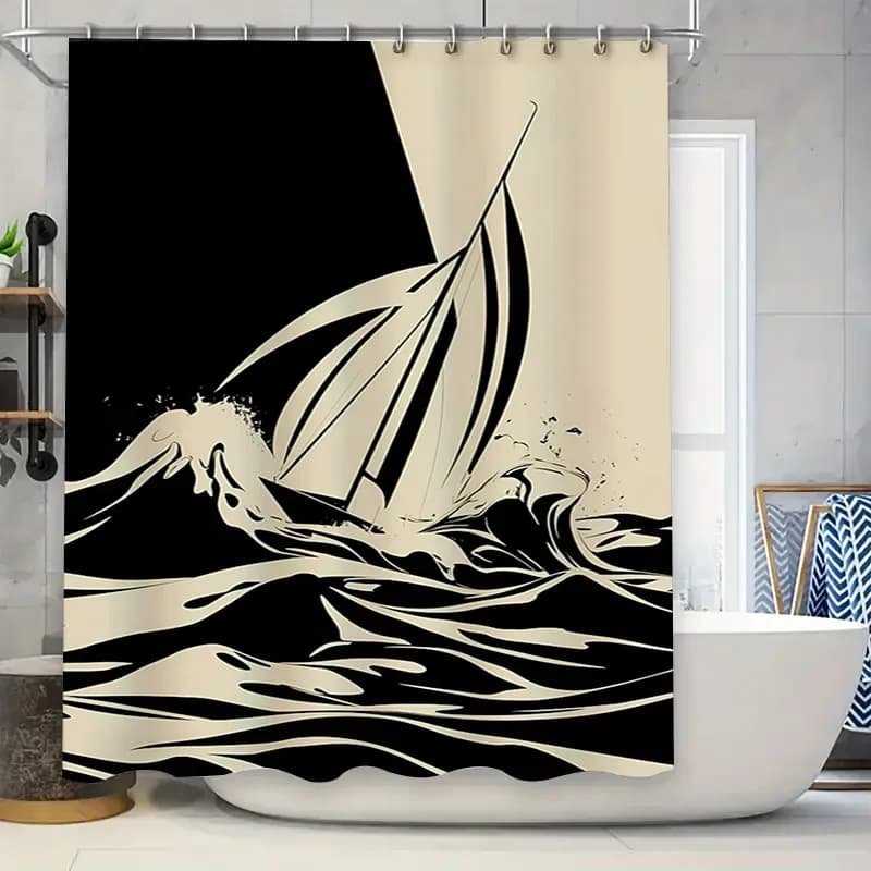Decorazione moderna per il bagno Set di tende da doccia per barche a vela bianche e nere per il bagno domestico, rimodellamento in tessuto impermeabile con ganci
