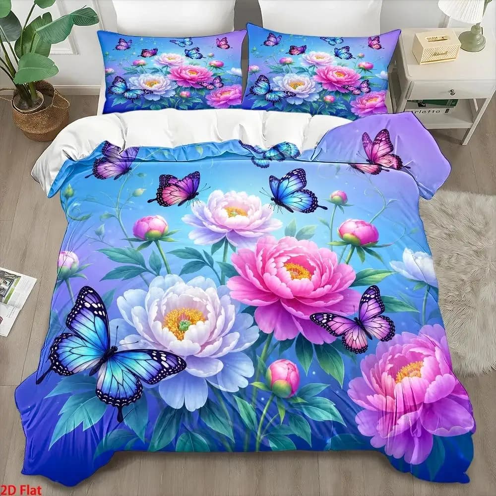 3Pc Dreamy Butterfly Floral Print Quilt Cover Set, Three-Piece Bedding Set (1*Quilt Cover + 2*Pillowcases), Light Luxury Style Skin-Friendly Breathable Bedding, All-Season Double Bed Bedding, Easy to Clean, Durable, Wrinkle-Resistant, Machine Washable, Invisible Zipper Woven Polyester Fabric, Cozy Home Bedroom Decorative Bedspread, Student Dormitory Nordic Style Bedding, Large Double Bed Cover Suitable for Home Guest Rooms, Modern Simple Quilted Duvet Cover Three-Piece Set, Soft