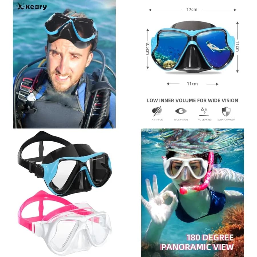 Maschera Subacquea Keary per Nuoto e Snorkeling, Antiappannamento, Visione a 180°, per Adulti e Giovani, con Copertura per il Naso