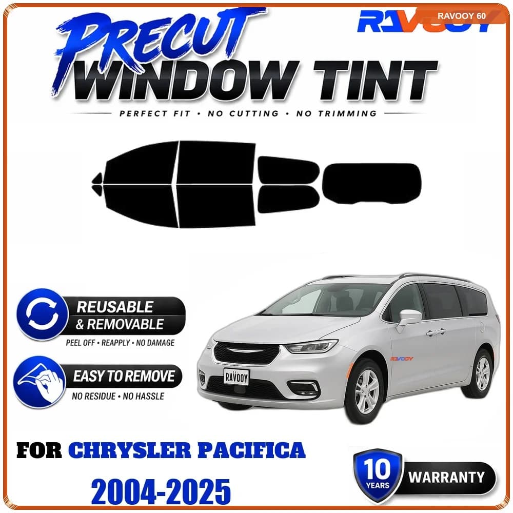 RAVOOY Precut Window Tint, Reusable Removable EPU Film, Custom Fit for Chrysler Pacifica 2004-2025, UV Heat Protection