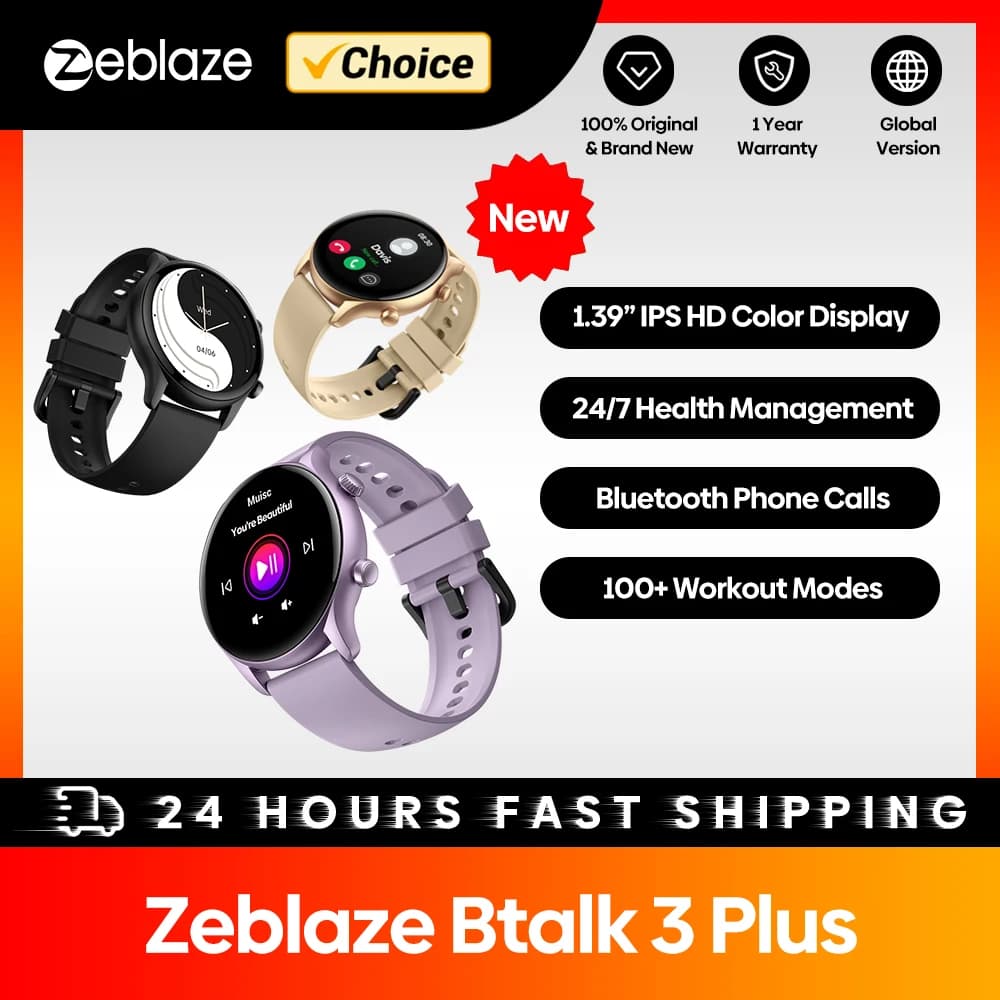 New Zeblaze Btalk 3 Plus Voice calls Smart Watch 1.39 '' Wide HD color display Smartwatch fitness monitor for men and women