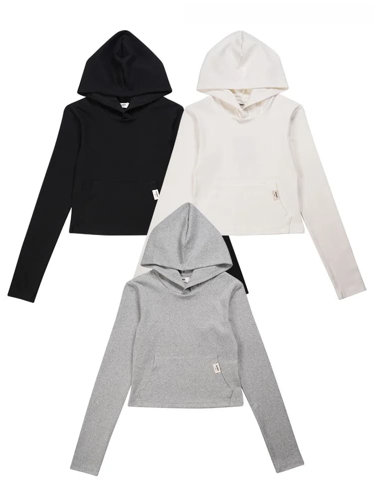 Felpa con cappuccio slim fit a maniche lunghe da donna, stile coreano, tinta unita, casual, autunno inverno, corta