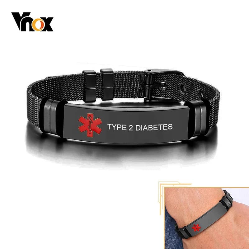 Vnox personalizzato incidere braccialetti identificativi di avviso medico per uomo, gioielli da polso maschili in acciaio inossidabile nero, lunghezza regolabile