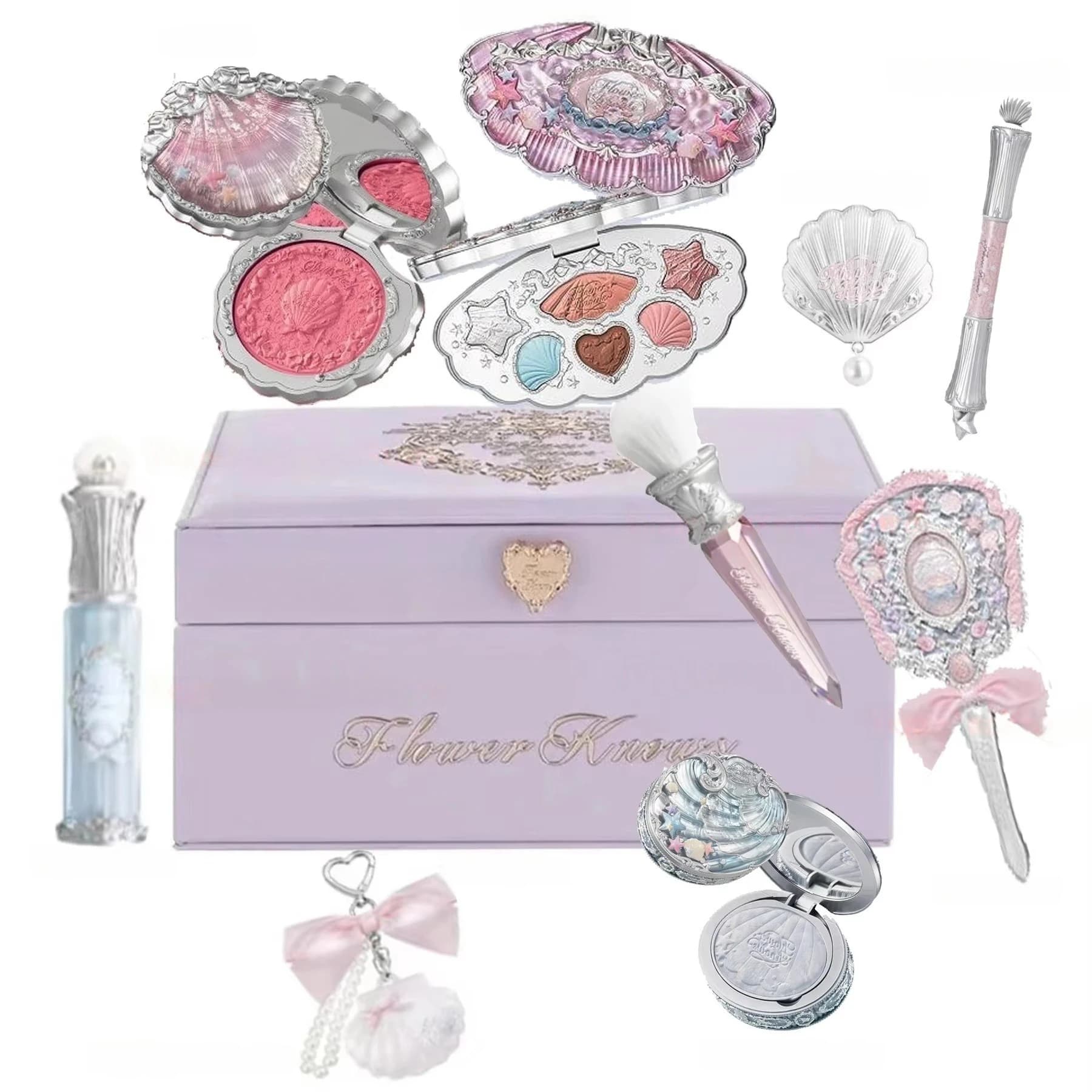 Complete gift set Flower Knows Shell Jewelry All-In-One, professional make-up set complete with umbrella, fard, compact powder, 10 pieces.