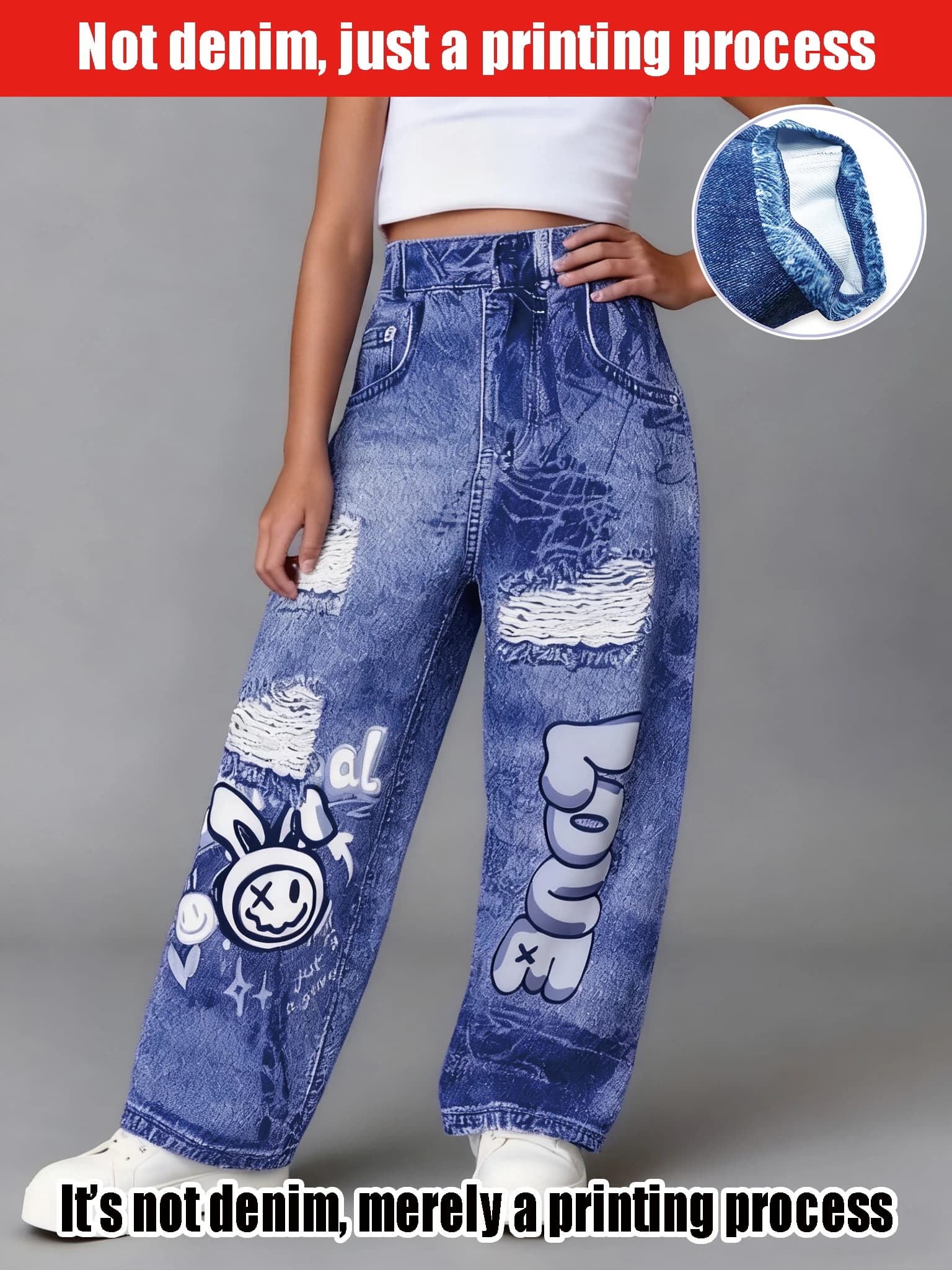 2025 Vendita calda Jeans finti a gamba larga strappati finti per ragazze - Jeans finti stile street fashion con stampa graffiti dei cartoni animati