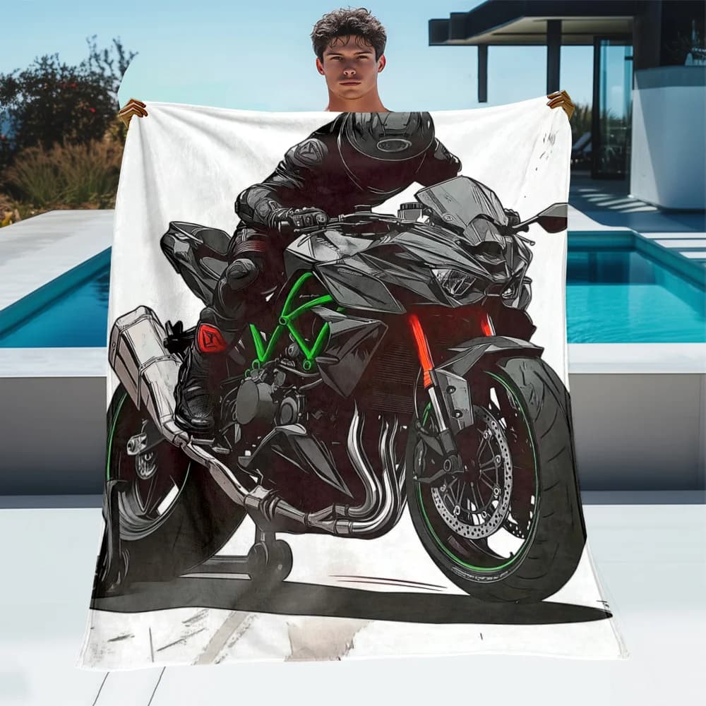 Motorcycle rider black bike sportbike illustration blanket biker theme racing machine cool gift for men garage decor motorcycle