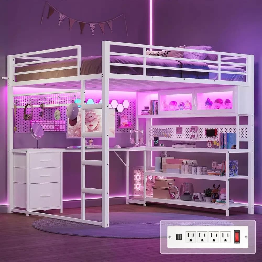 Letto a soppalco da gaming a forma di L con scrivania, cabina RGB in acrilico, stazione di ricarica di sicurezza, struttura in metallo, cassetti portaoggetti, ringhiera di protezione e scaletta