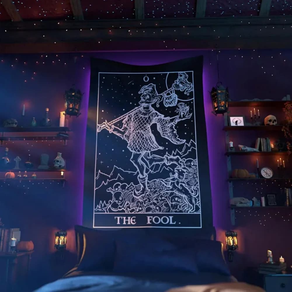 The Fool Tarocchi Carta Arazzo Corte Buflare Halloween Arazzi Gotico Decorazione della casa Arazzo spettrale Goth Parete Strega Decor