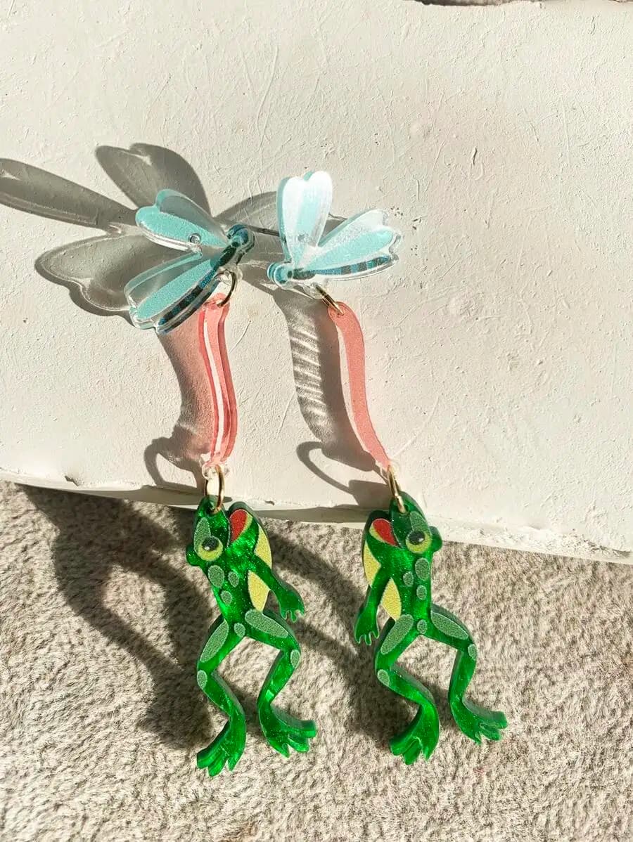 Frog And Dragonfly Drop Earrings For Women Summer Vacation Jewelry