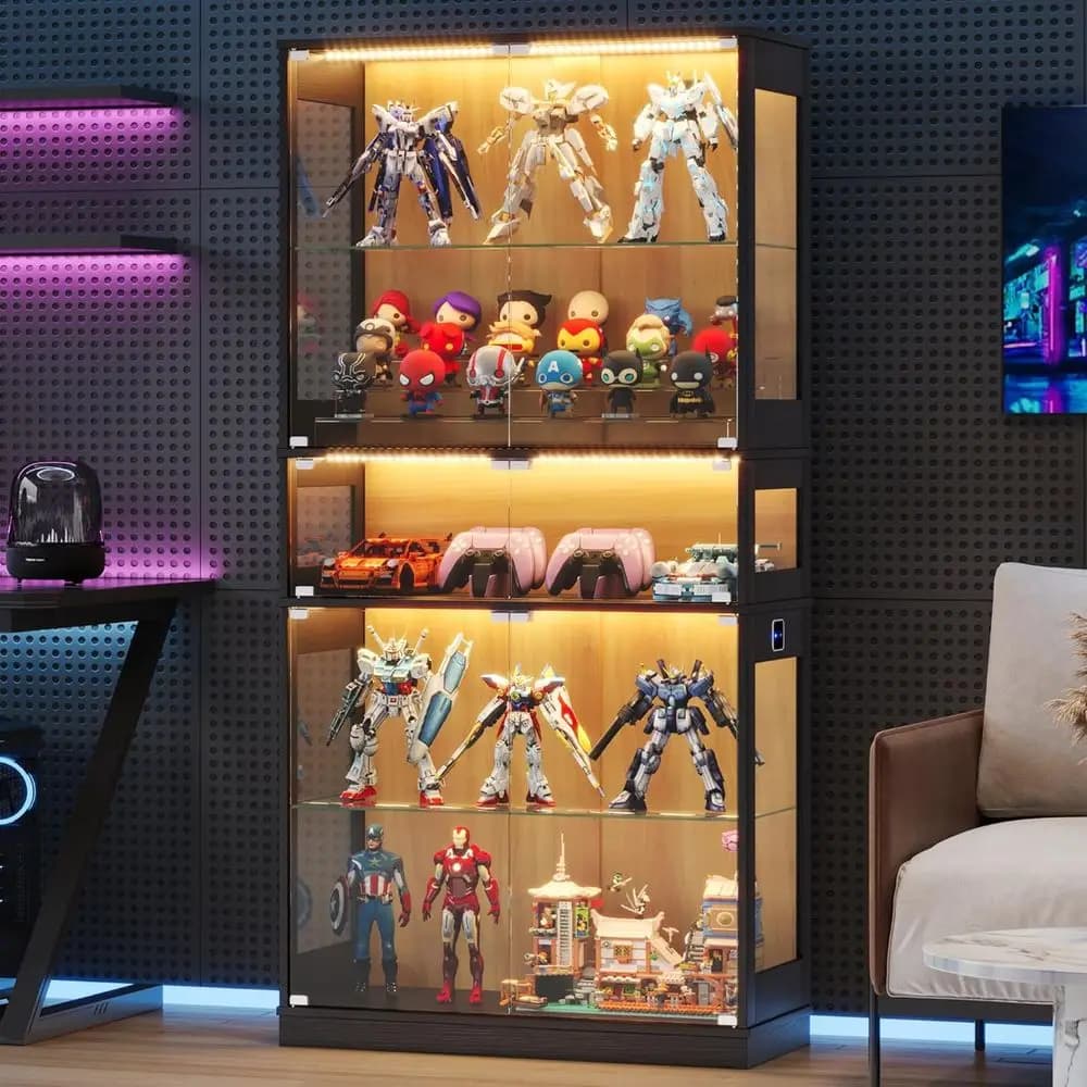 5-Shelf LED Lighted Glass Display Cabinet for Figurines and Collectibles with Motion Sensor, Black & Oak Finish